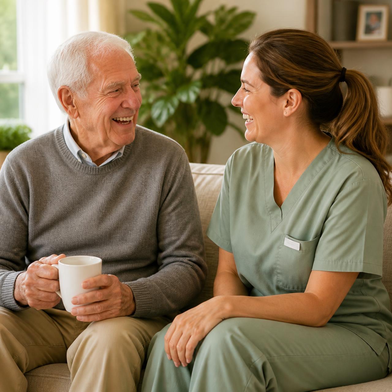 Caregiver smiling with senior client